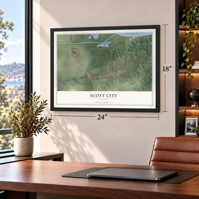 Scott City, Missouri map, 18 x 24 inch print in a black frame in a home office