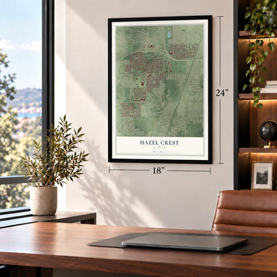 Hazel Crest, Illinois map, 18 x 24 inch print in a black frame in a home office