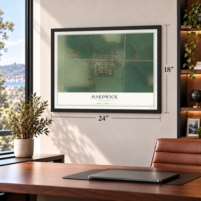 Hardwick, Minnesota map, 18 x 24 inch print in a black frame in a home office