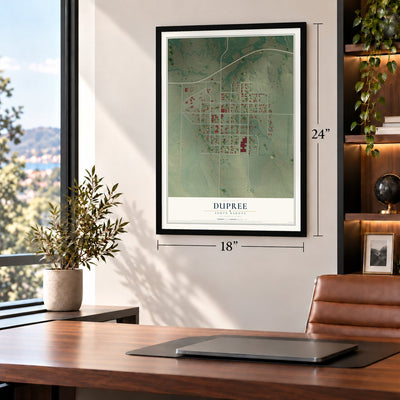 Dupree, South Dakota map, 18 x 24 inch print in a black frame in a home office