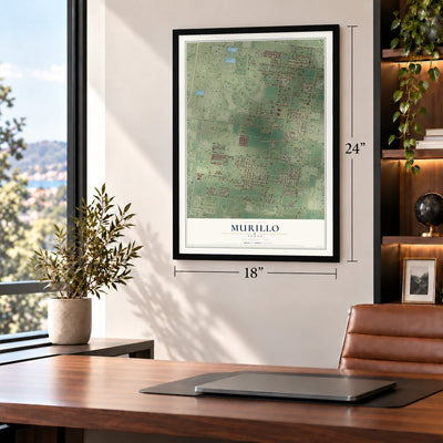 Murillo, Texas map, 18 x 24 inch print in a black frame in a home office