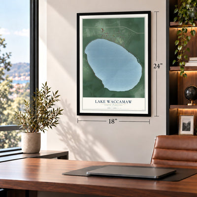 Lake Waccamaw, North Carolina map, 18 x 24 inch print in a black frame in a home office