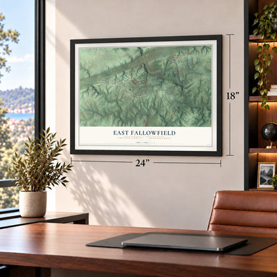East Fallowfield, Chester County, Pennsylvania map, 18 x 24 inch print in a black frame in a home office