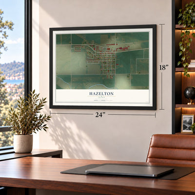 Hazelton, Idaho map, 18 x 24 inch print in a black frame in a home office
