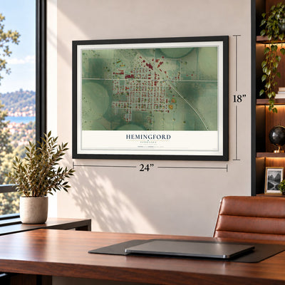 Hemingford, Nebraska map, 18 x 24 inch print in a black frame in a home office