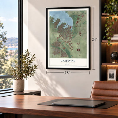 Grapevine, Texas map, 18 x 24 inch print in a black frame in a home office