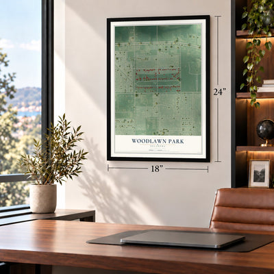 Woodlawn Park, Oklahoma map, 18 x 24 inch print in a black frame in a home office