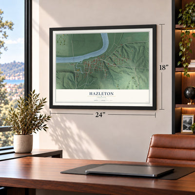 Hazleton, Indiana map, 18 x 24 inch print in a black frame in a home office