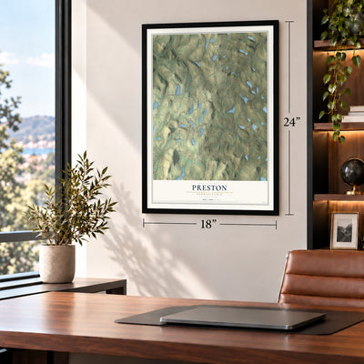 Preston, Pennsylvania map, 18 x 24 inch print in a black frame in a home office
