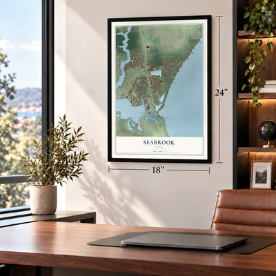 Seabrook, Texas map, 18 x 24 inch print in a black frame in a home office