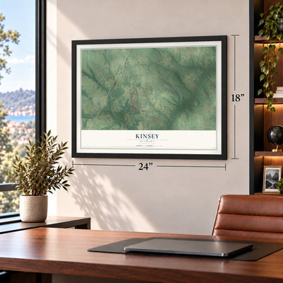Kinsey, Alabama map, 18 x 24 inch print in a black frame in a home office