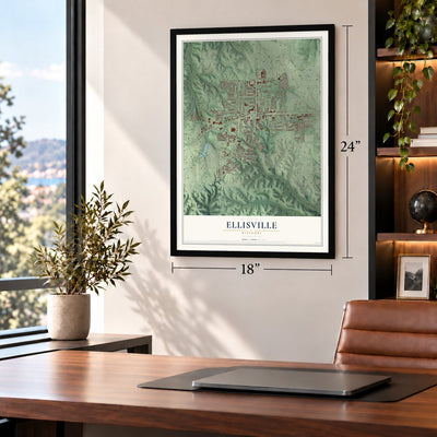 Ellisville, Missouri map, 18 x 24 inch print in a black frame in a home office