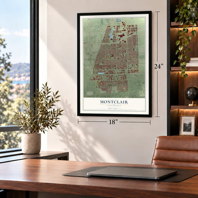 Montclair, California map, 18 x 24 inch print in a black frame in a home office