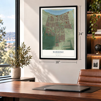 Marrero, Louisiana map, 18 x 24 inch print in a black frame in a home office