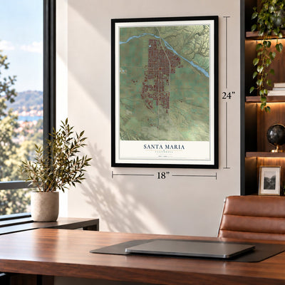 Santa Maria, California map, 18 x 24 inch print in a black frame in a home office
