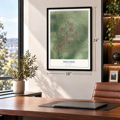 Beecher, Illinois map, 18 x 24 inch print in a black frame in a home office