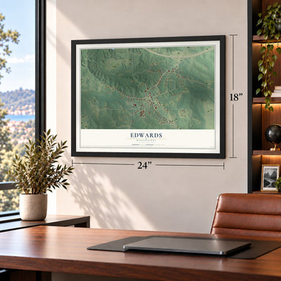Edwards, Mississippi map, 18 x 24 inch print in a black frame in a home office