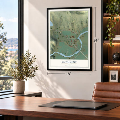 Monument, Oregon map, 18 x 24 inch print in a black frame in a home office