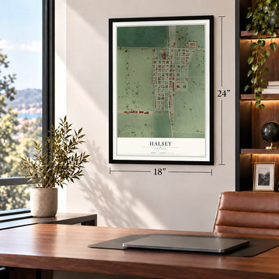 Halsey, Oregon map, 18 x 24 inch print in a black frame in a home office