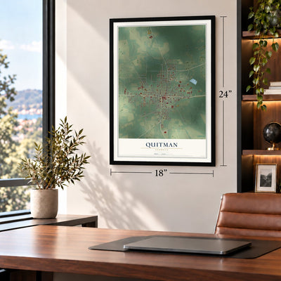 Quitman, Georgia map, 18 x 24 inch print in a black frame in a home office