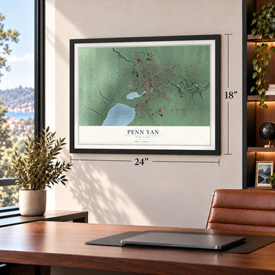 Penn Yan, New York map, 18 x 24 inch print in a black frame in a home office