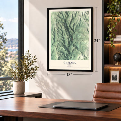 Chelsea, Vermont map, 18 x 24 inch print in a black frame in a home office