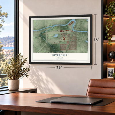 Riverdale, Illinois map, 18 x 24 inch print in a black frame in a home office