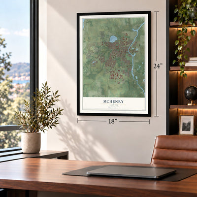 McHenry, Illinois map, 18 x 24 inch print in a black frame in a home office