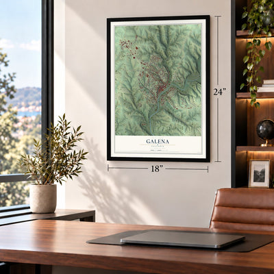 Galena, Illinois map, 18 x 24 inch print in a black frame in a home office
