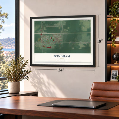 Windham, Ohio map, 18 x 24 inch print in a black frame in a home office