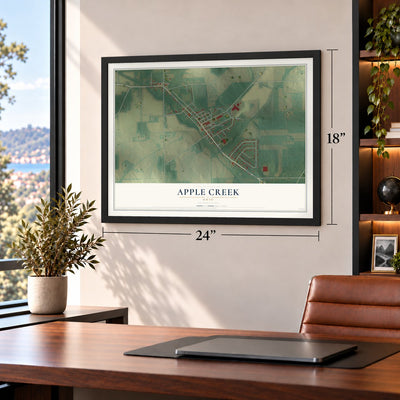 Apple Creek, Ohio map, 18 x 24 inch print in a black frame in a home office