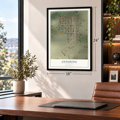 Antonito, Colorado map, 18 x 24 inch print in a black frame in a home office
