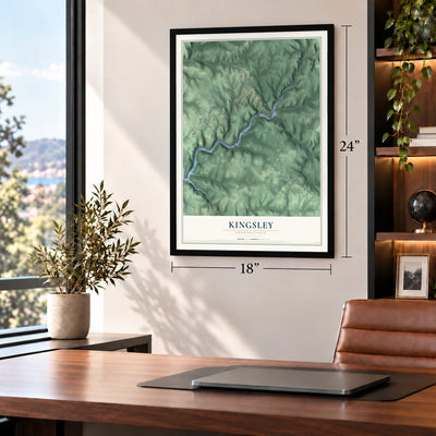 Kingsley, Pennsylvania map, 18 x 24 inch print in a black frame in a home office