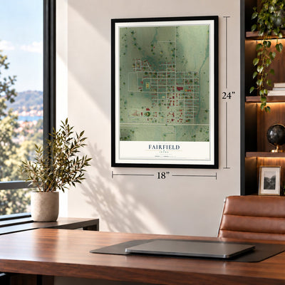 Fairfield, Idaho map, 18 x 24 inch print in a black frame in a home office
