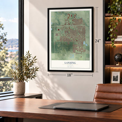 Lansing, Illinois map, 18 x 24 inch print in a black frame in a home office