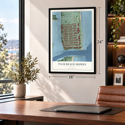 Palm Beach Shores, Florida map, 18 x 24 inch print in a black frame in a home office