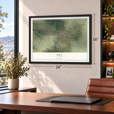 Ava, Illinois map, 18 x 24 inch print in a black frame in a home office