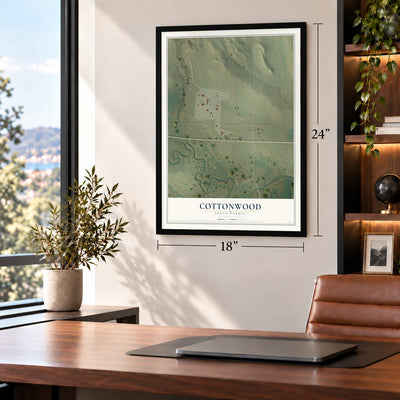 Cottonwood, South Dakota map, 18 x 24 inch print in a black frame in a home office