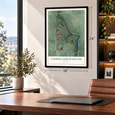 Carroll-South Hilton, Maryland map, 18 x 24 inch print in a black frame in a home office