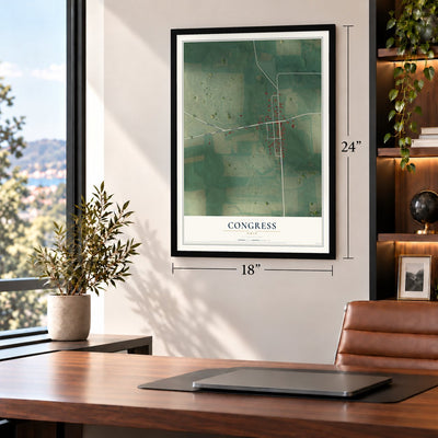 Congress, Ohio map, 18 x 24 inch print in a black frame in a home office