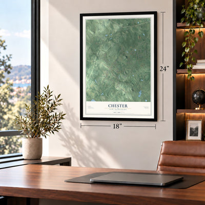Chester, New Hampshire map, 18 x 24 inch print in a black frame in a home office
