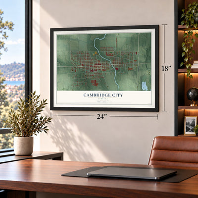 Cambridge City, Indiana map, 18 x 24 inch print in a black frame in a home office