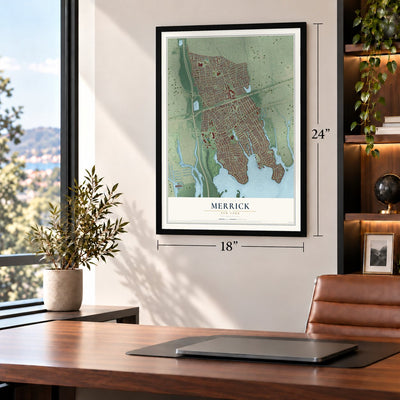 Merrick, New York map, 18 x 24 inch print in a black frame in a home office