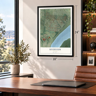 Riverview, Missouri map, 18 x 24 inch print in a black frame in a home office