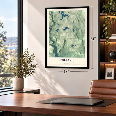 Tolland, Massachusetts map, 18 x 24 inch print in a black frame in a home office