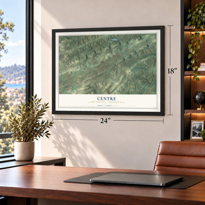 Centre, Perry County, Pennsylvania map, 18 x 24 inch print in a black frame in a home office