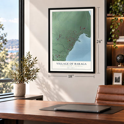 Baraga, Michigan map, 18 x 24 inch print in a black frame in a home office