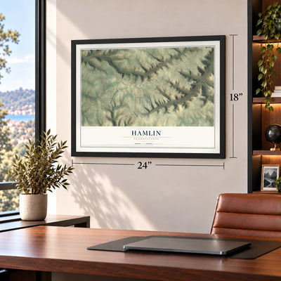 Hamlin, Pennsylvania map, 18 x 24 inch print in a black frame in a home office