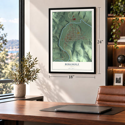 Bergholz, Ohio map, 18 x 24 inch print in a black frame in a home office