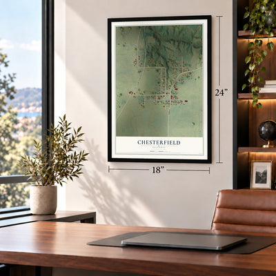 Chesterfield, Illinois map, 18 x 24 inch print in a black frame in a home office